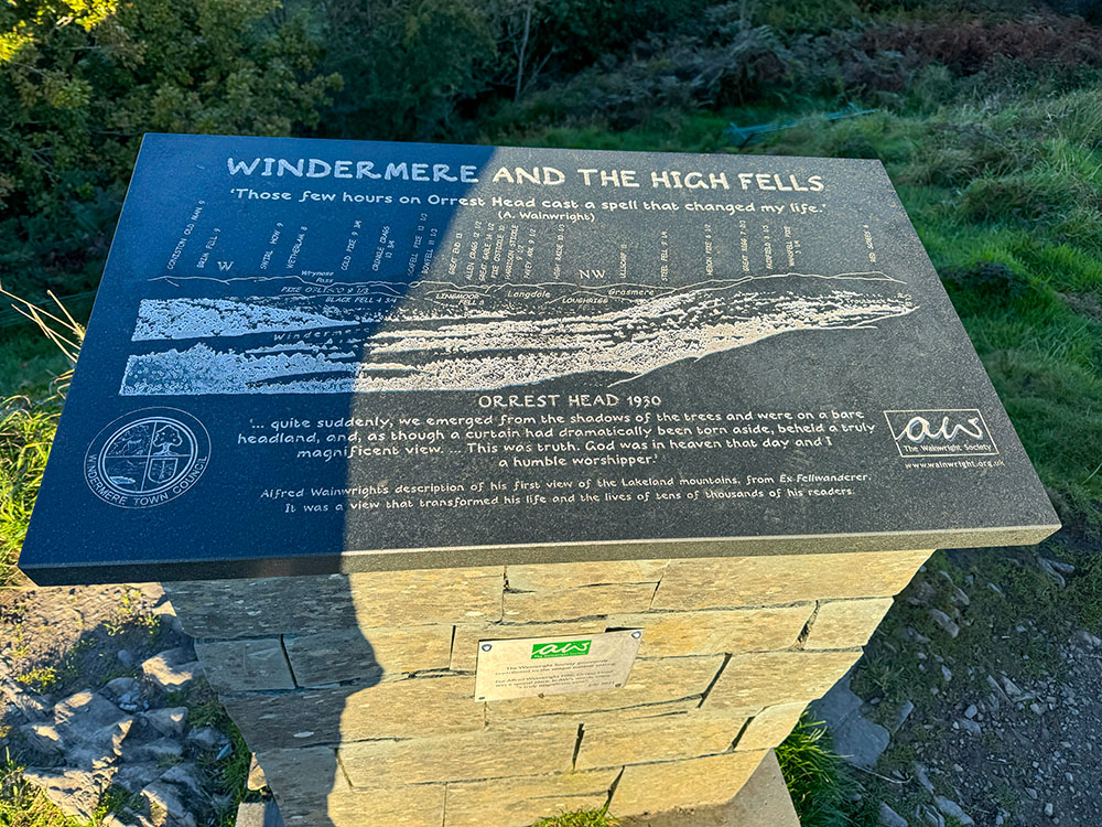 The Commemorative Wainwright plaque on Orrest Head showing the main Lakeland Fells