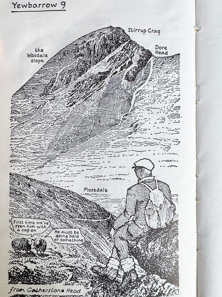 Wainwright always included one sketch of himself in each book - this is a photograph of the image from book 7, 'The Western Fells', looking up at Yewbarrow from Gatherstone Head