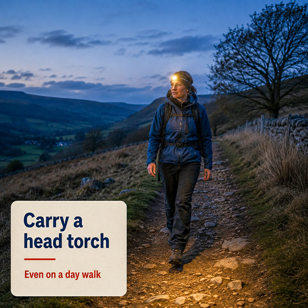 Adult walker using a head torch on a countryside path at dusk after a delayed day hike.