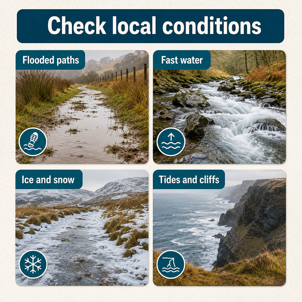 Infographic showing local hiking hazards including flooded paths, fast water, ice, snow, tides and cliffs.