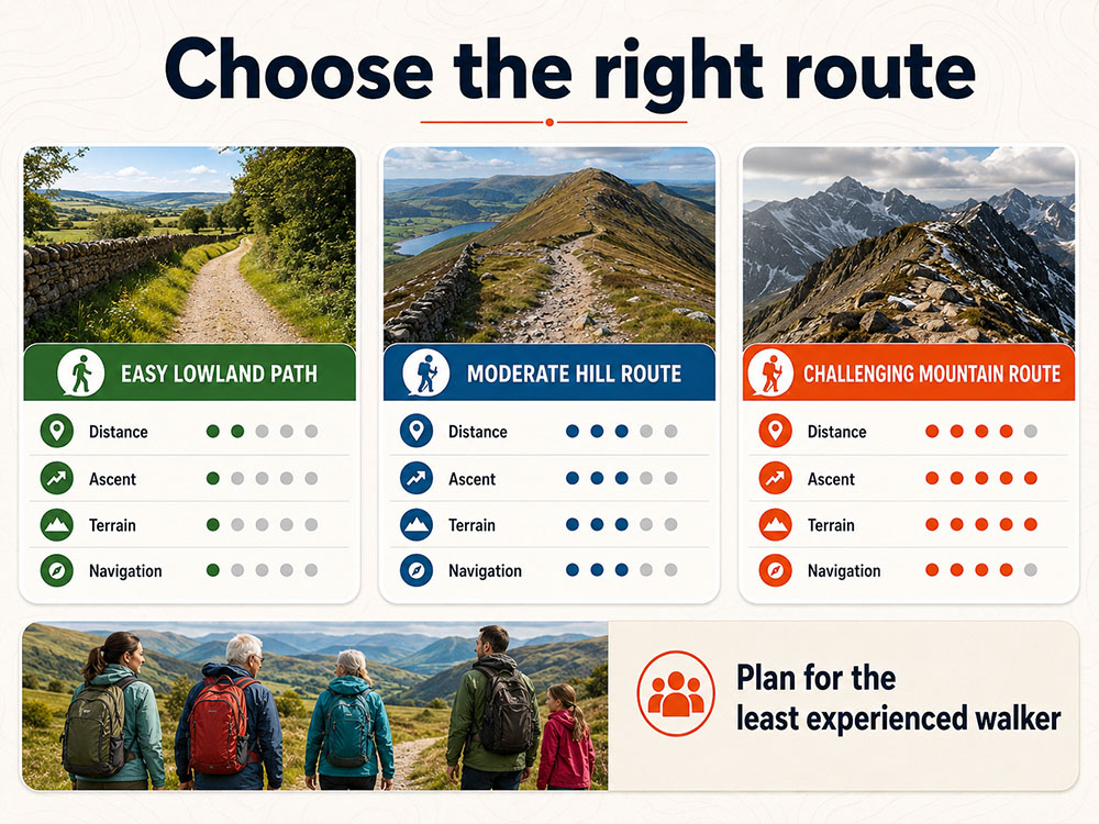 Route suitability infographic comparing distance, ascent, terrain and navigation difficulty for easy, moderate and challenging walks.