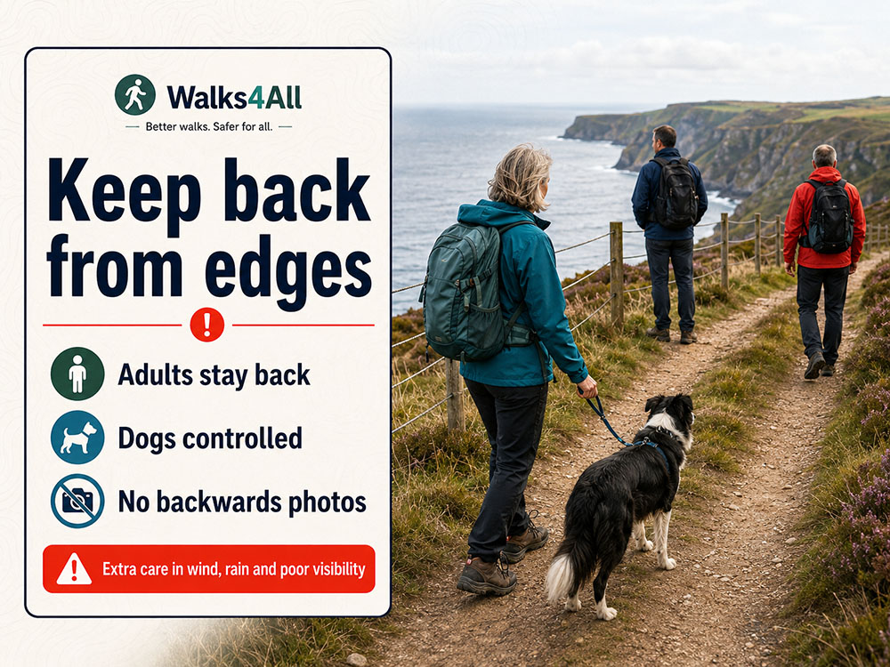 Adult walkers and a controlled dog keeping a safe distance from a UK coastal cliff path edge.