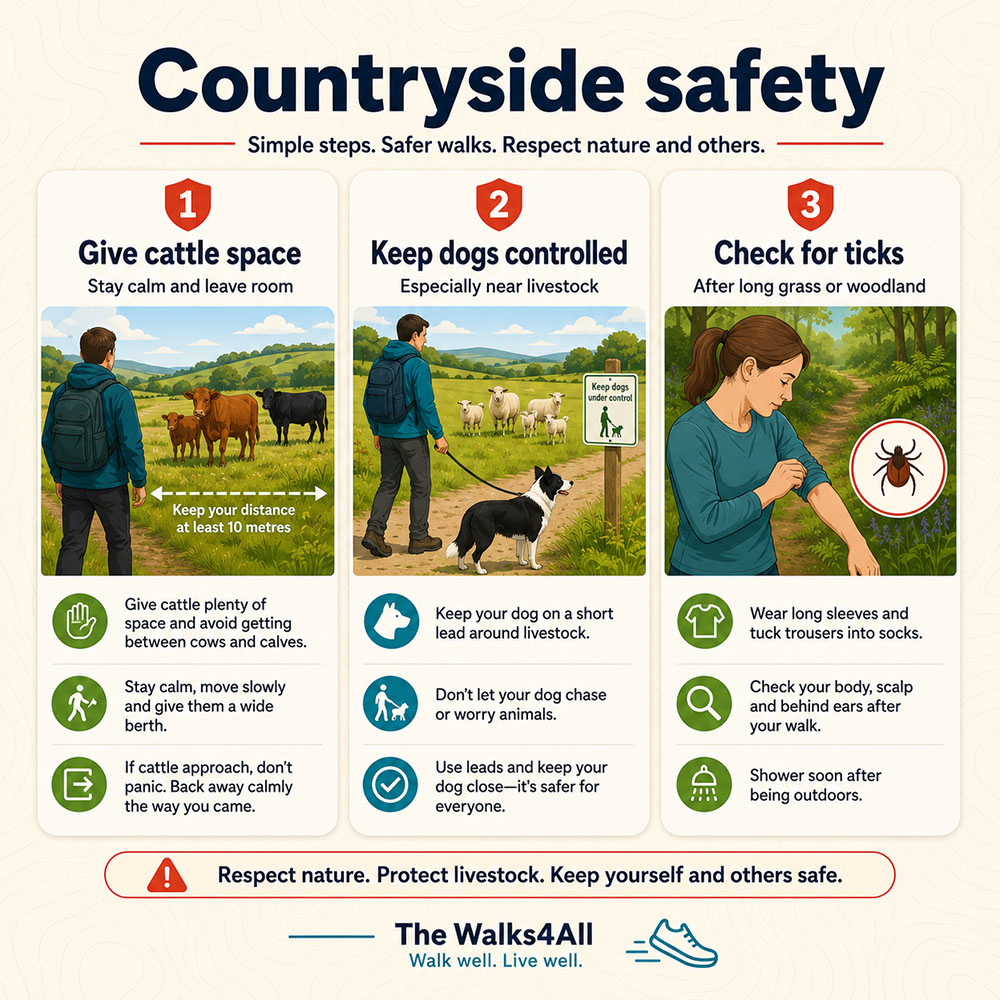 Countryside safety infographic showing cattle, dog control and tick checks for walkers.