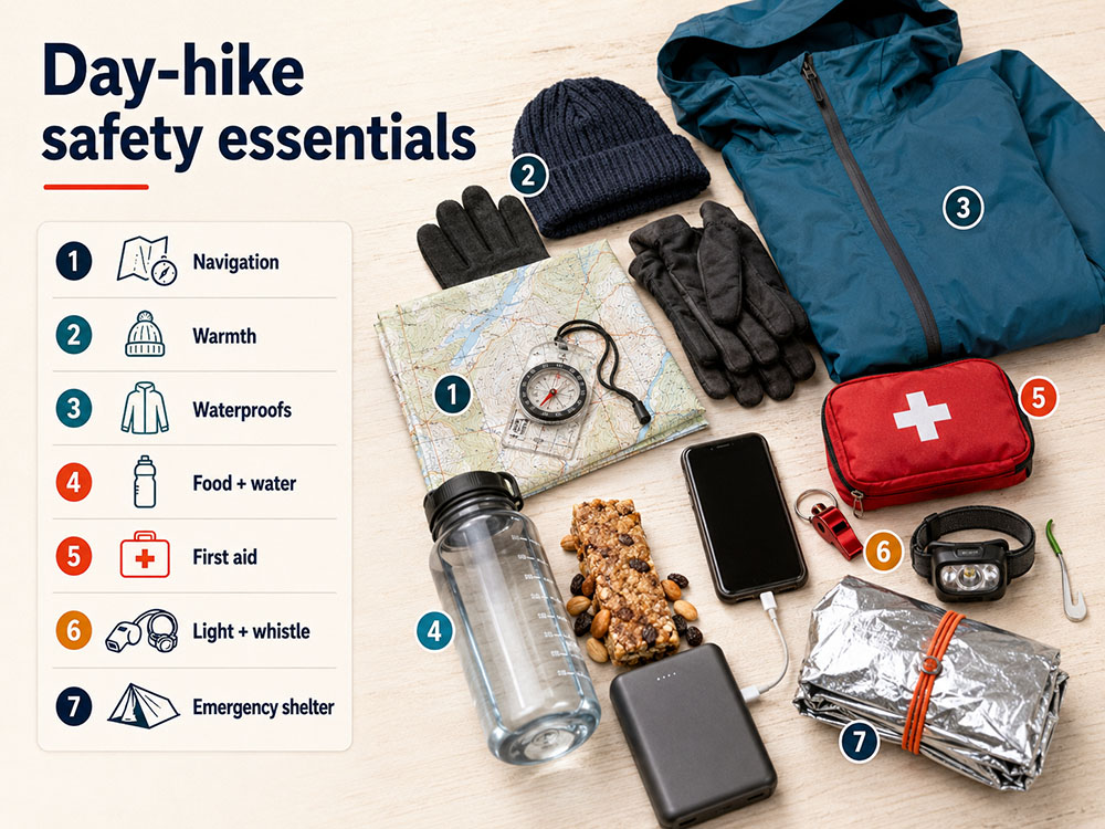 Flat lay of day hiking safety essentials including map, compass, waterproofs, warm layers, first aid, whistle, head torch, water, food and emergency shelter.