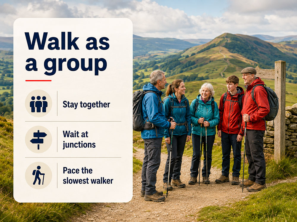 Adult walking group staying together at a path junction on a UK countryside walk with reminders to wait and pace the slowest walker.