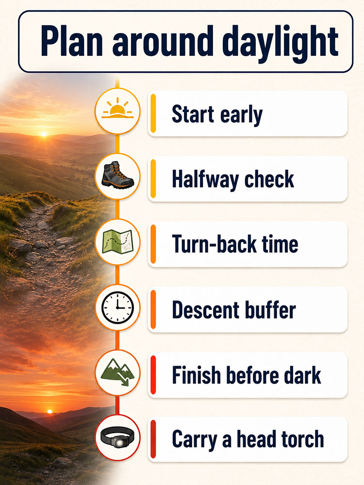 Daylight planning timeline for hiking with start early, halfway check, turn-back time, descent buffer, finish before dark and head torch reminders.