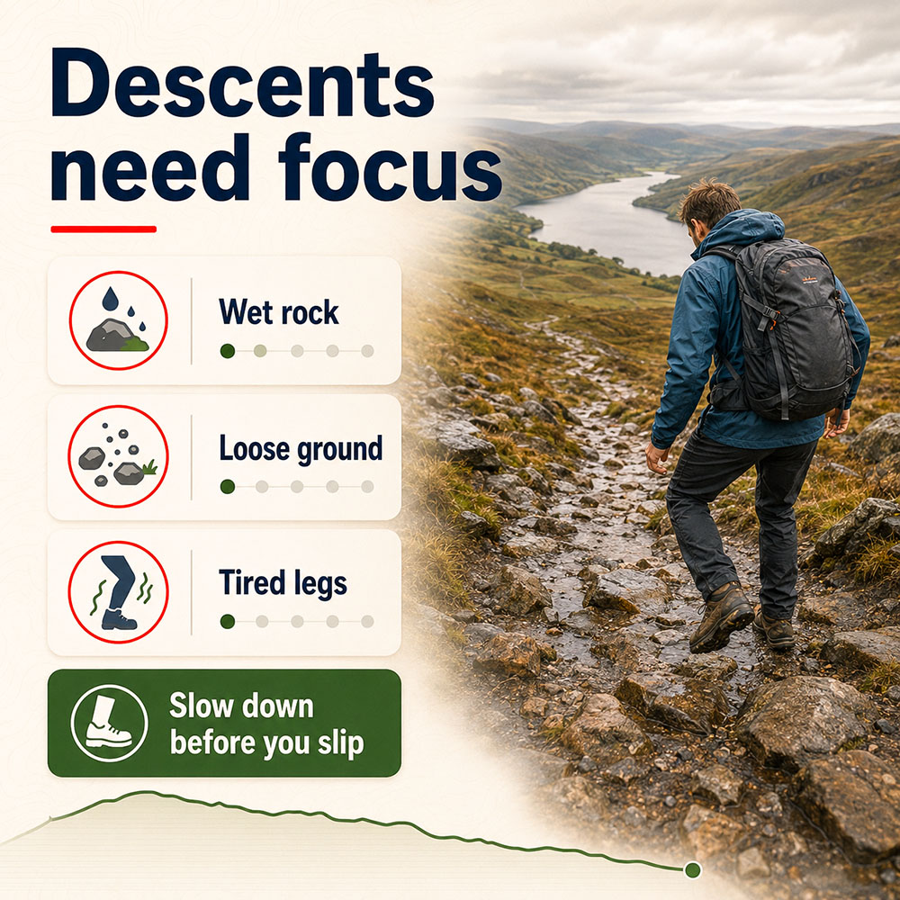 Descent safety infographic showing an adult walker taking care on wet rock, loose ground and tired legs.