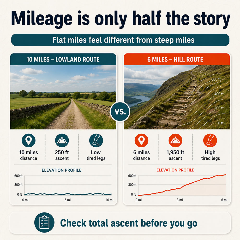 Infographic comparing a flat walking route with a shorter steep hill route to show why total ascent affects hiking difficulty.