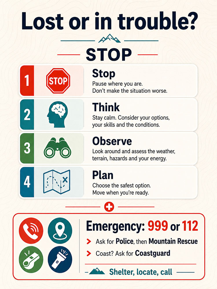 Emergency hiking infographic showing the STOP method and UK emergency call steps for Mountain Rescue or Coastguard.