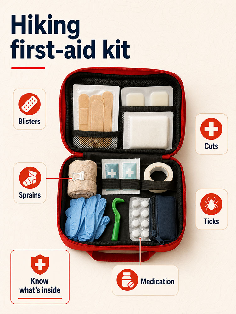 Hiking first-aid kit infographic showing blister care, dressings, bandage, tick remover, gloves and personal medication.