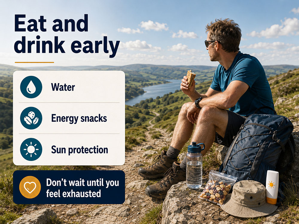 Walker taking a food and water break with sun protection on a UK hill path.