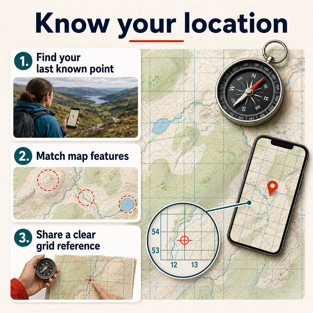Map and compass infographic showing how hikers can find a last known point, match map features and share a grid reference.