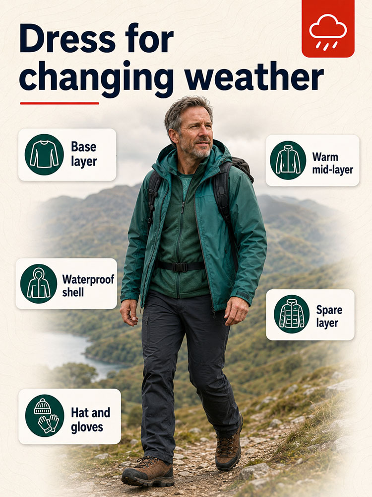 Layering infographic showing a walker with base layer, warm mid-layer, waterproof shell, spare layer, hat and gloves.