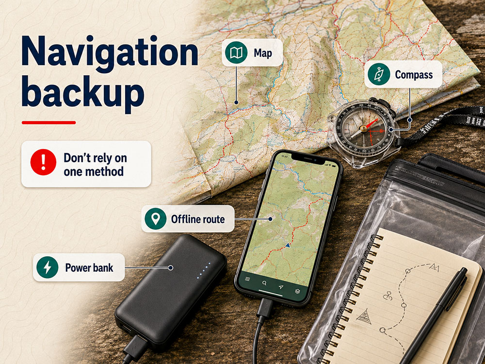 Hiking navigation kit with paper map, compass, phone with offline route, power bank and route notes.