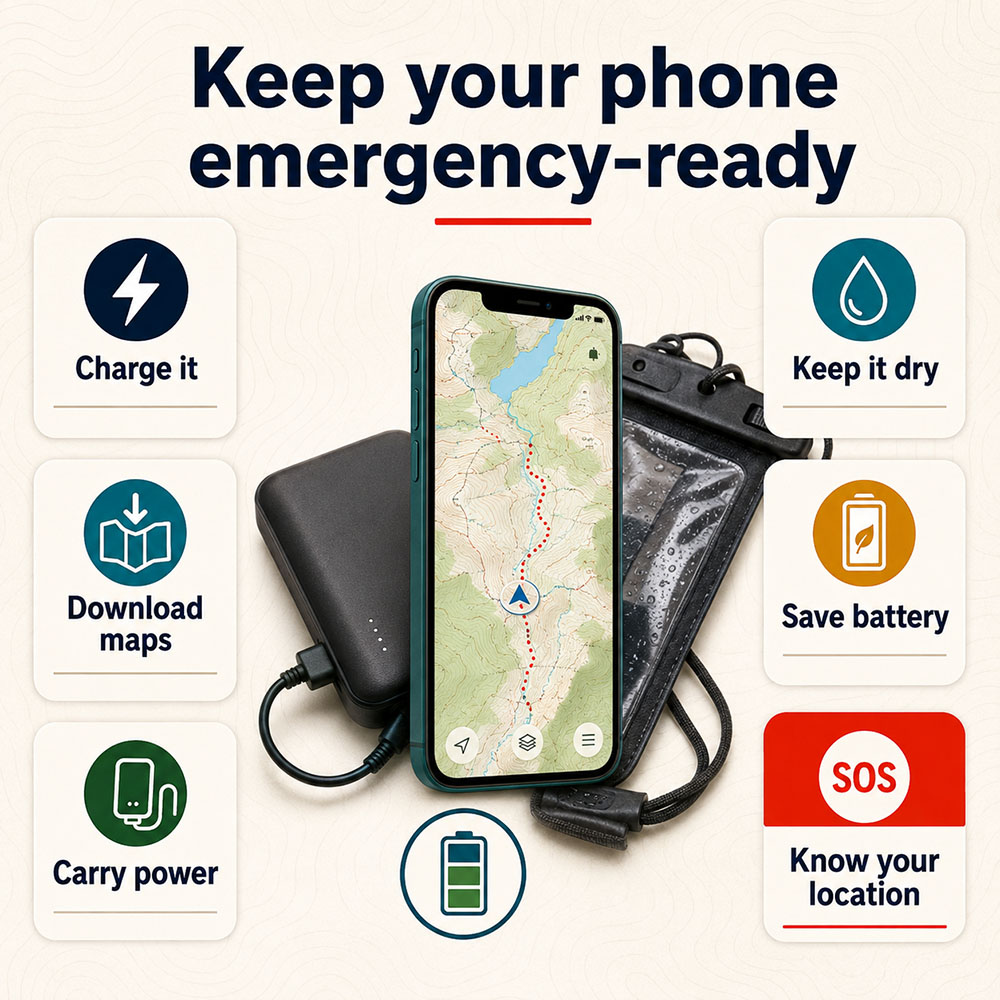 Infographic showing a phone with offline maps, power bank, waterproof pouch and battery-saving reminders for hiking emergencies.