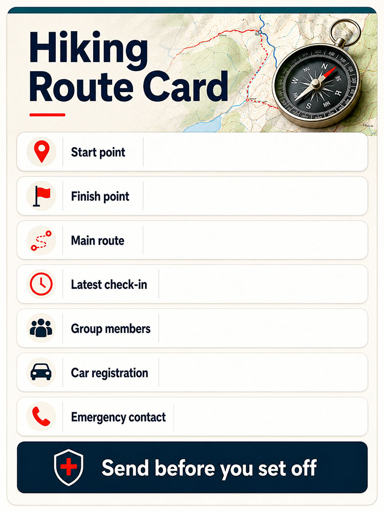 Printable hiking route card template with fields for start point, finish point, route, latest check-in, group members, car registration and emergency contact.