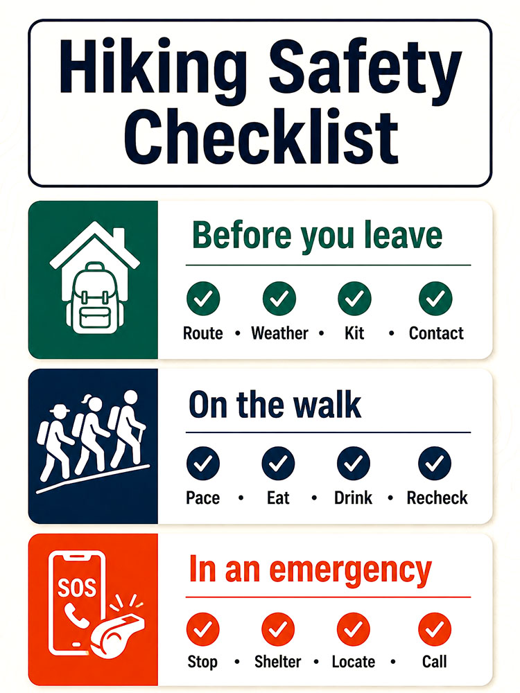 Hiking safety checklist with before-you-leave, on-the-walk and emergency steps for safer UK walks.