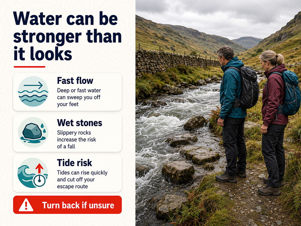 Two adult walkers assessing a fast stream crossing with wet stepping stones and water hazard warnings.