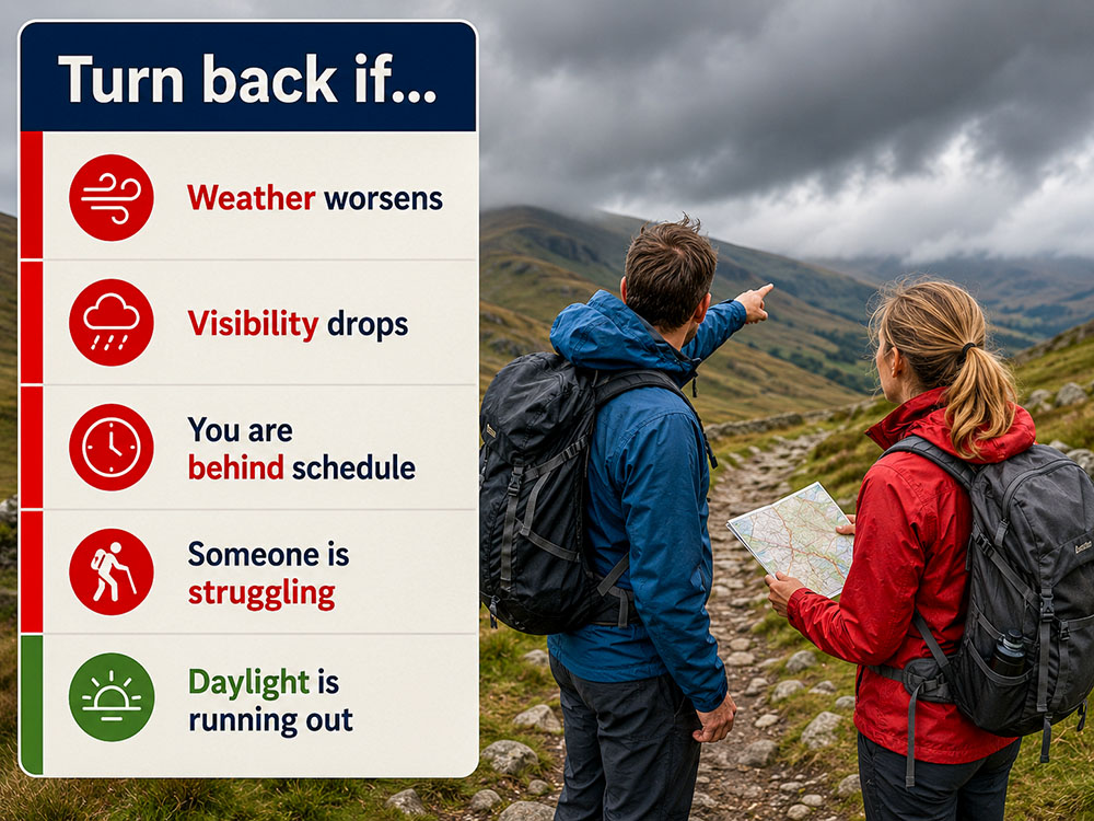 Walkers checking weather on a hill path with a turn-back decision list for worsening weather, poor visibility, delays and tiredness.