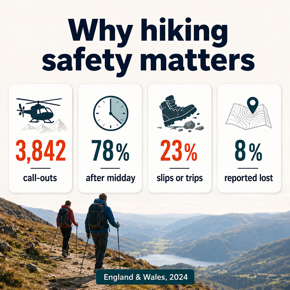 Infographic showing 2024 Mountain Rescue statistics for England and Wales including call-outs, afternoon incidents, slips and lost walkers.