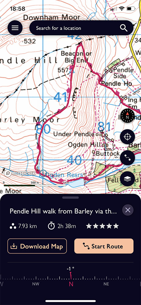 Screenshot of a UK walking route on a mapping app with distance, timing and offline map controls visible.