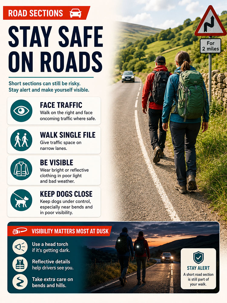 Road walking safety infographic showing adult walkers on a narrow UK country lane with reminders to face traffic, walk single file and stay visible.