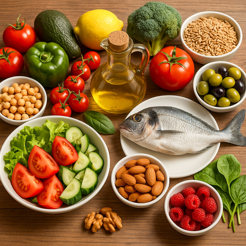 A selection of nuts, salad, olive oil, vegetables and fish, as would be eaten on a Mediterranean diet