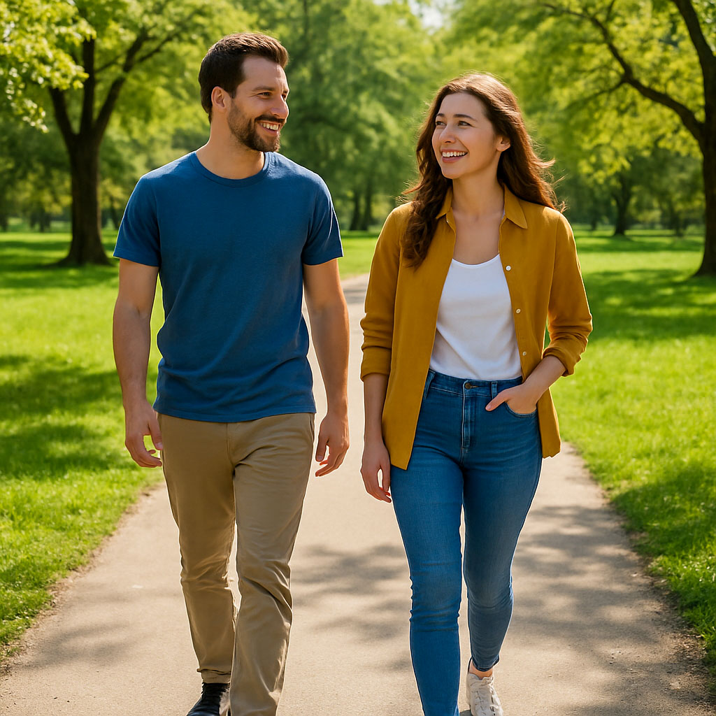 A couple walking through a park, staying active