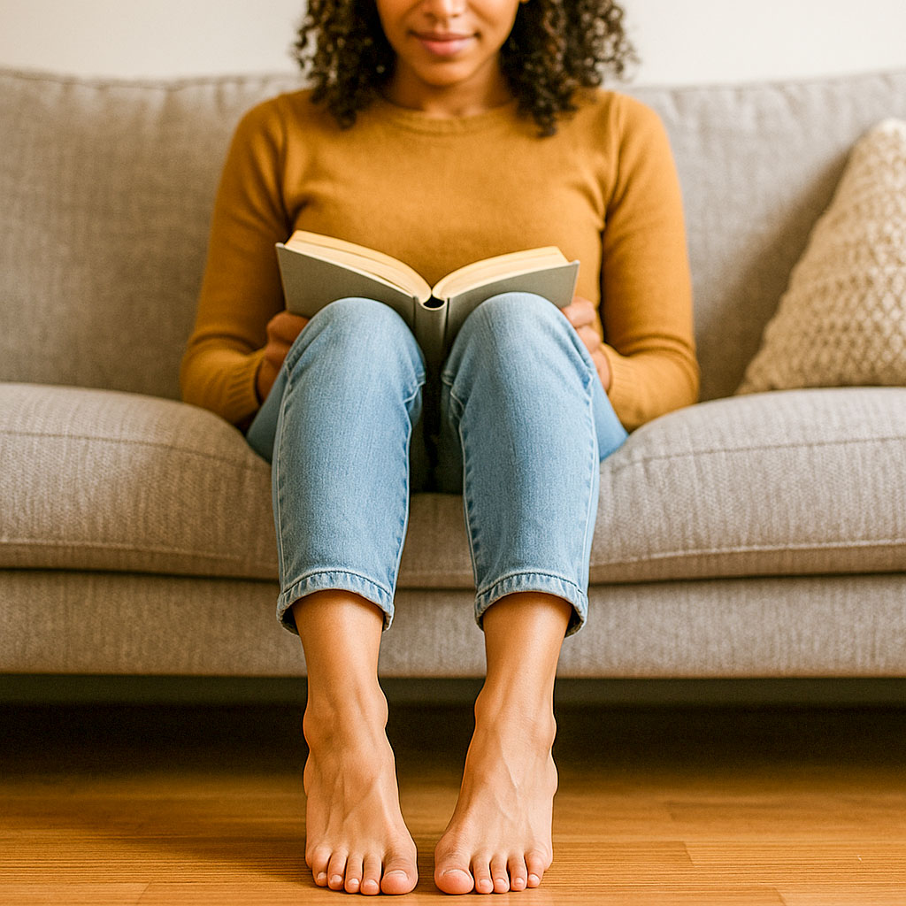 A lady sat on a sofa, raising her heels, exercising her feet and ankles