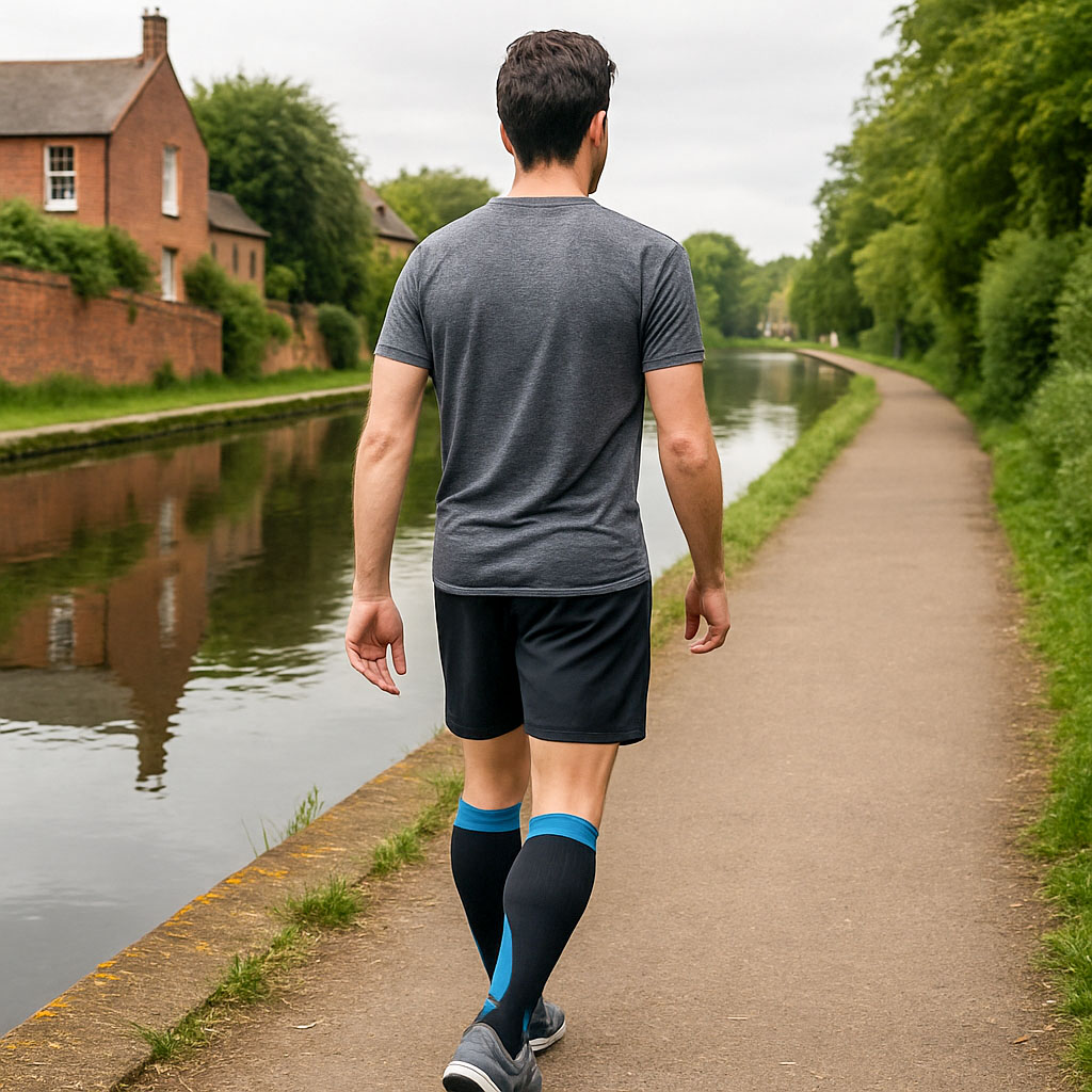 A man walking alongside a canal wearing t-shirt, shorts and a pair of compression socks