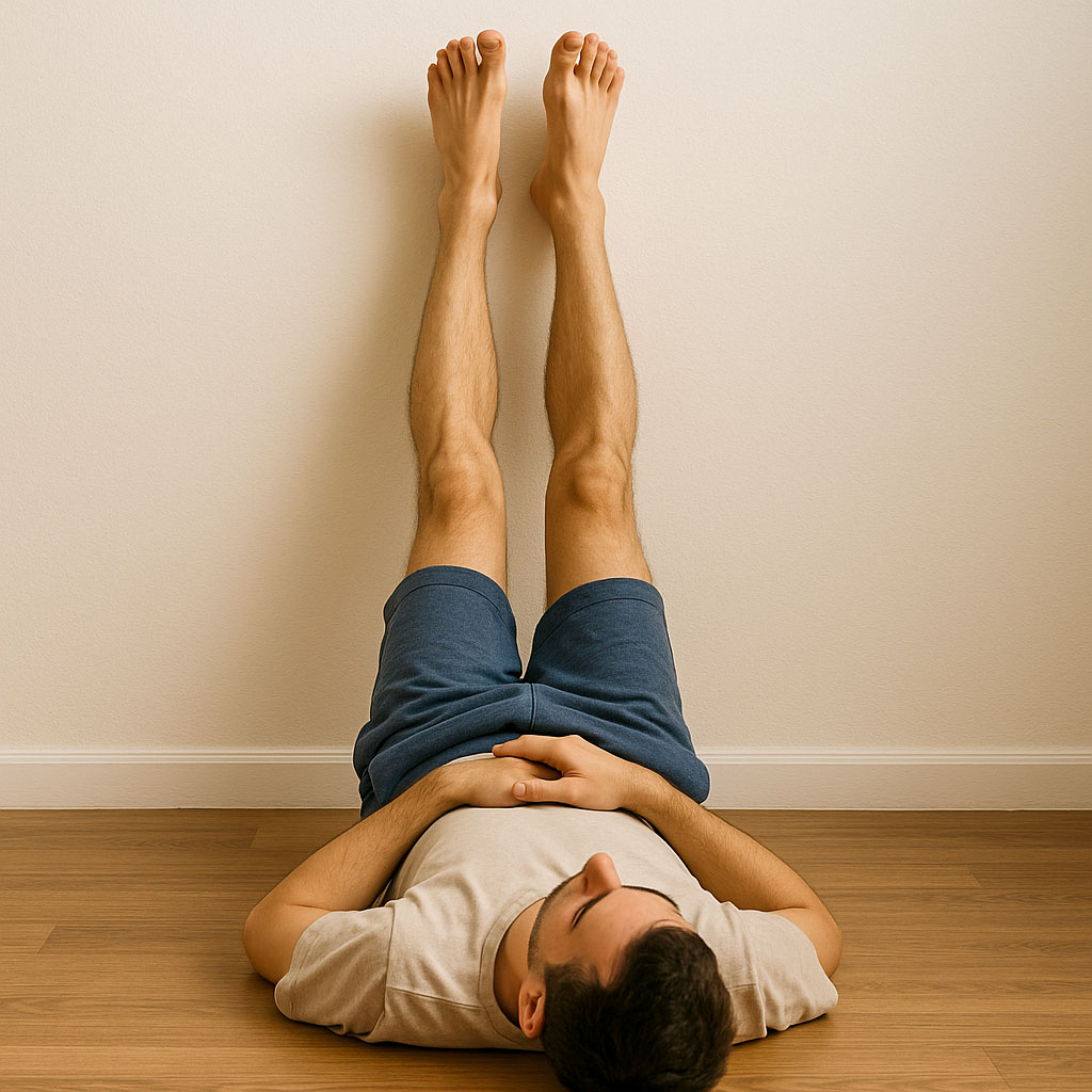 A man laid on the floor with his legs elevated leaning them against a wall