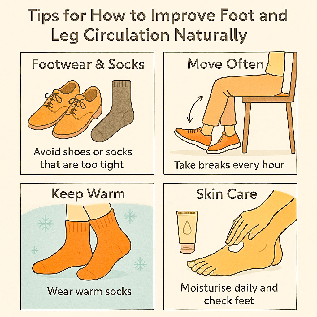 Everyday tips to help improve foot and leg circulation naturally - not wearing socks or shoes that are too tight, move often, keep warm and skin care for your feet
