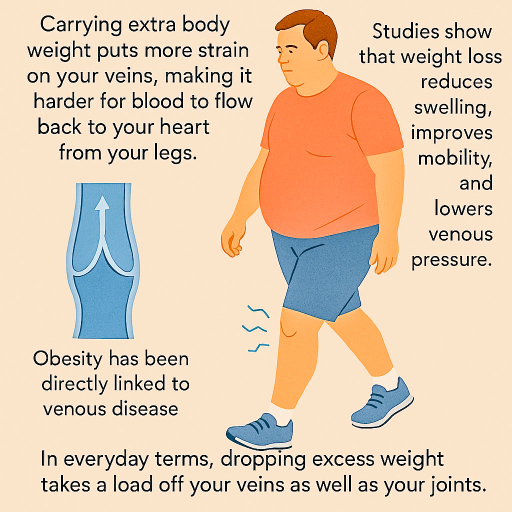An overweight person walking, with text indicating that weight loss takes a load off your veins and joints
