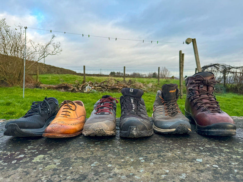 Effectiveness of lacing techniques on various shoe types from left to right - running shoes, casual shoes, trail shoes, hiking shoes, synthetic hiking boots and leather hiking boots