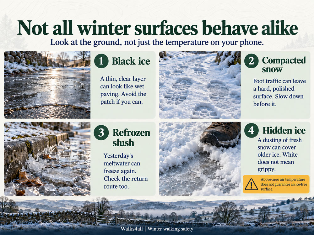Four illustrated winter surfaces: black ice, compacted snow, refrozen slush and snow hiding ice.