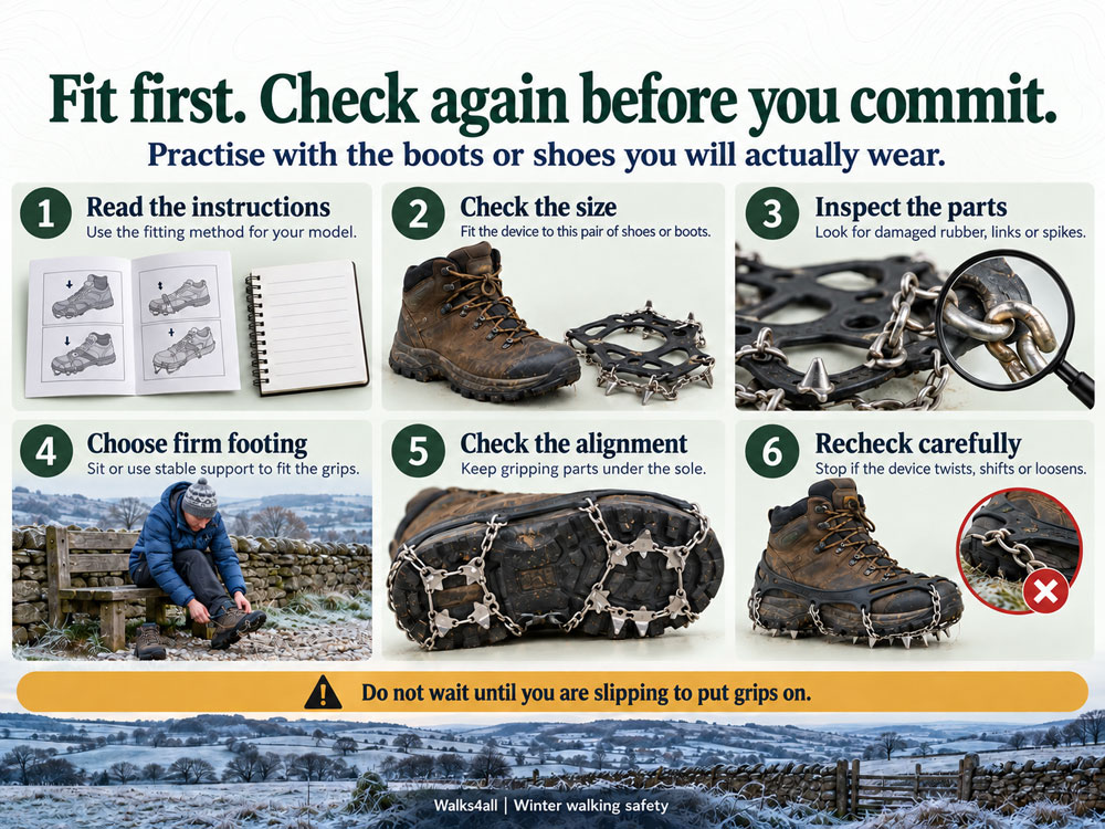 Six checks for fitting ice grips: instructions, size, condition, stable fitting position, alignment and a cautious recheck.
