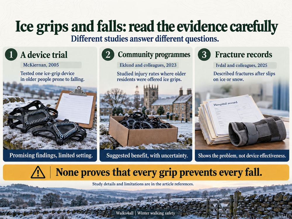 Three evidence panels distinguishing a randomised ice-grip trial, community distribution research and a fracture-register study.