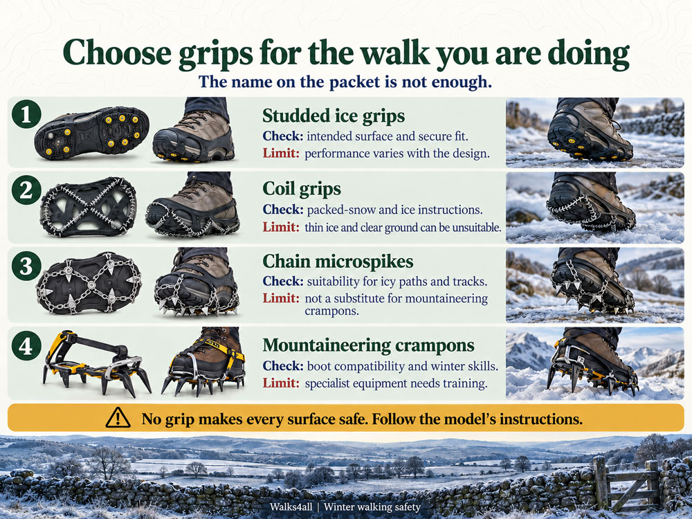 Illustrated comparison of studded ice grips, coil grips, chain microspikes and mountaineering crampons.