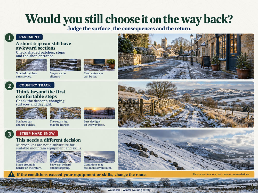 Three illustrated route decisions covering an icy pavement, a frozen country track and a steep hard-snow slope.