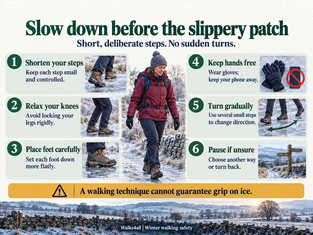 An illustrated walker beside six reminders to slow down, shorten steps, relax knees, place feet carefully, keep hands free and turn gradually.