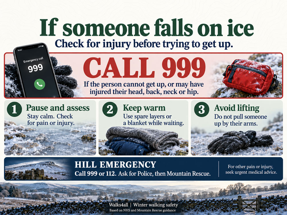 After-fall guidance showing injury checks, when to call 999, keeping warm and avoiding lifting someone by the arms.