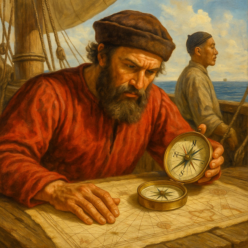 A sailor from the 15th century on a boat in the middle of an ocean, looking at his map and compass