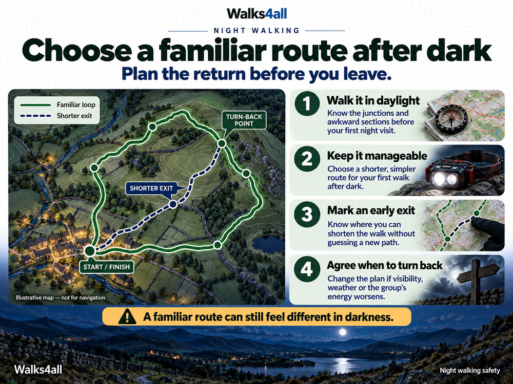 Illustrative night-walking map shows a familiar loop, shorter exit, start and finish, and a turn-back point.