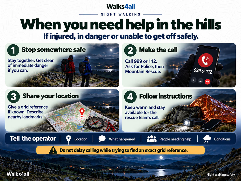 Hill emergency steps show stopping safely, calling 999 or 112 for Police then Mountain Rescue, sharing a location and following instructions.