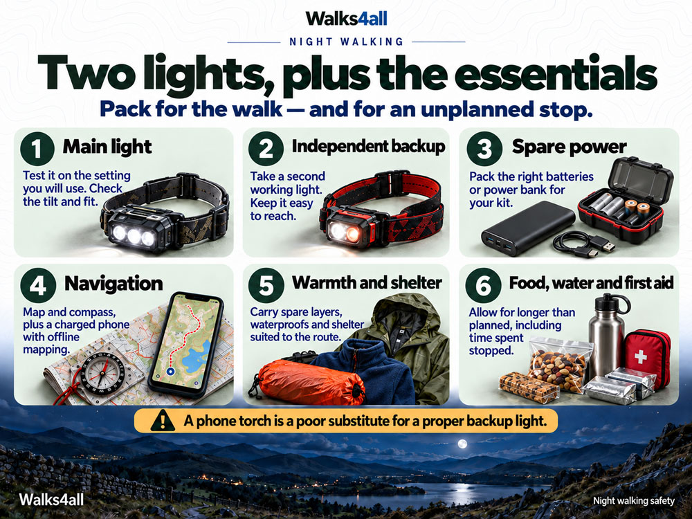 Six kit groups show two head torches, spare power, map and compass, warmth and shelter, and food, water and first aid.