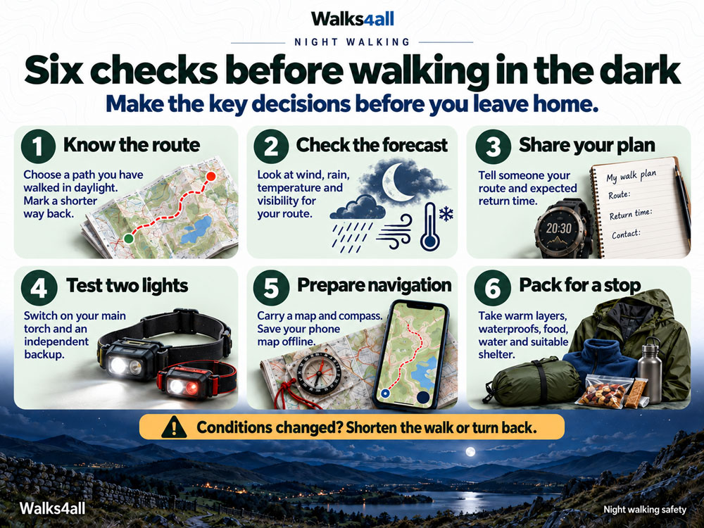 Six illustrated checks cover a familiar route, weather, shared plan, two lights, navigation and spare clothing and supplies.