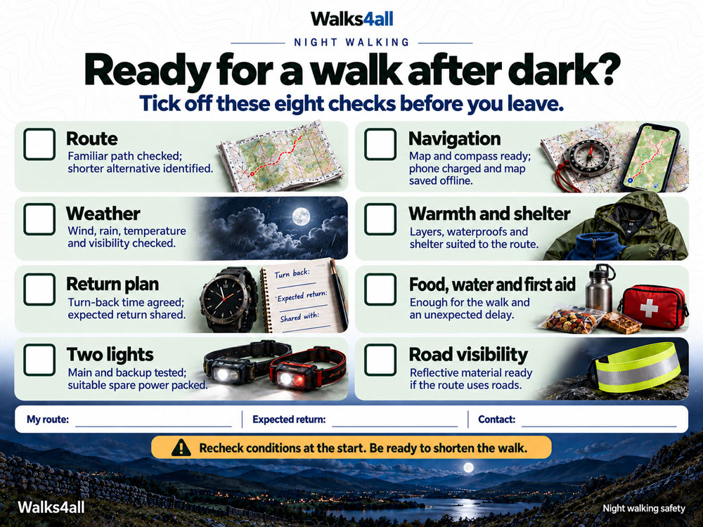 Eight unticked boxes cover route, weather, return plan, two lights, navigation, warmth, food and first aid, and road visibility, with space for walk details.