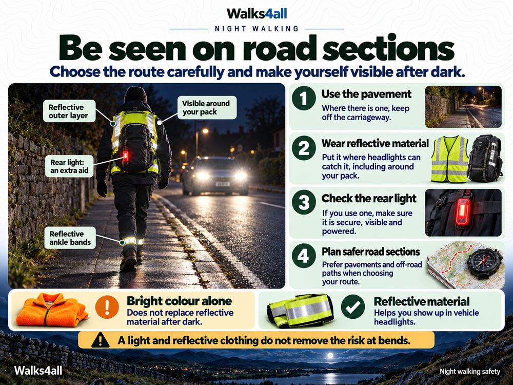 A night-time roadside illustration highlights reflective clothing and ankle bands, a rear light, pavement use and safer route choices.