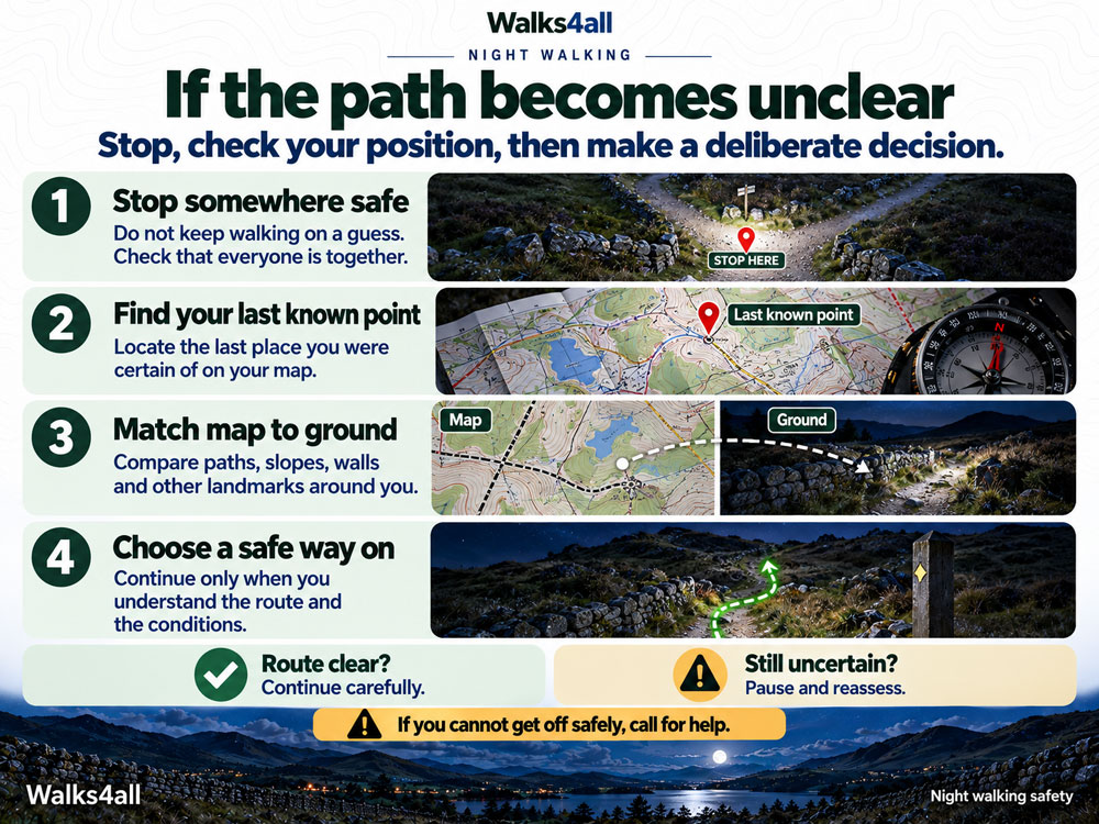 Four steps for an unclear path show stopping safely, finding the last known position, checking map features and choosing a safe way on.