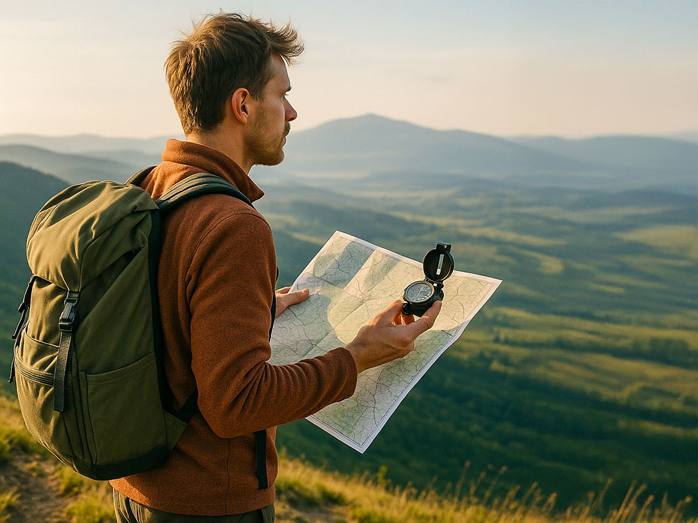 Hiker looking at a map and compass towards the North (True, Magnetic and Grid)